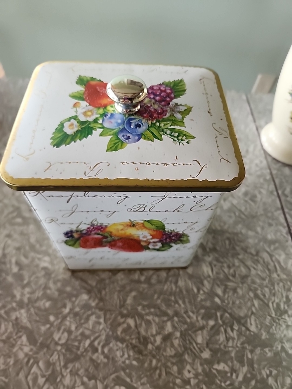 White Floral Fruit Ceramic Canister with Gold Trim